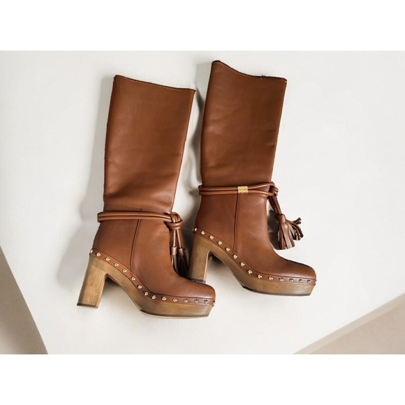 Ulla Johnson Elin Leather Studs Tassel Boots Wood Block Tapenade Size 9 (39) - Picture 4 of 7